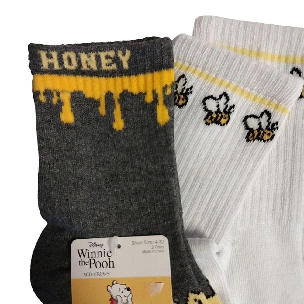 Disney Winnie The Pooh 2 Pack Grey and White Mid‎ Crew Socks NWT